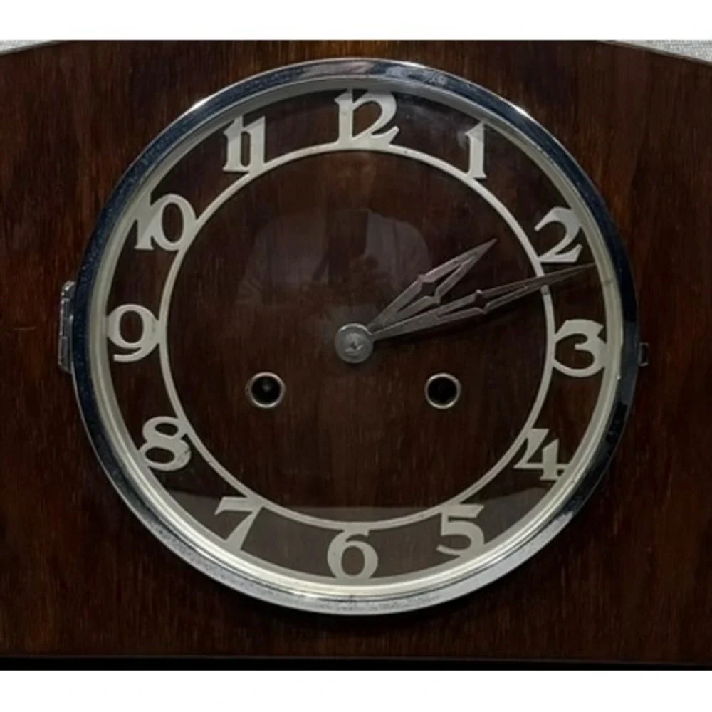 Vintage 1950s Tambour Mantel Clock German 8 Day Movement 130 Stamp Wood Case
